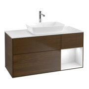 V&B Finion Meuble sous lavabo 120 cm, éclairage mural, blanc brillant, placage noyer veneer