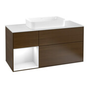 V&B Finion Meuble sous lavabo 120 cm, éclairage mural, blanc brillant, placage noyer veneered