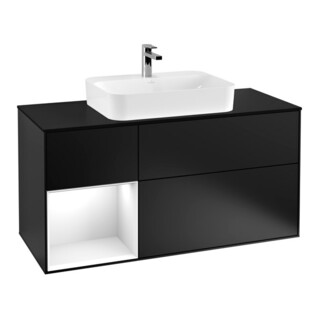 V&B Finion Meuble sous lavabo 120 cm, éclairage mural, blanc laqué, bleu mat laqué