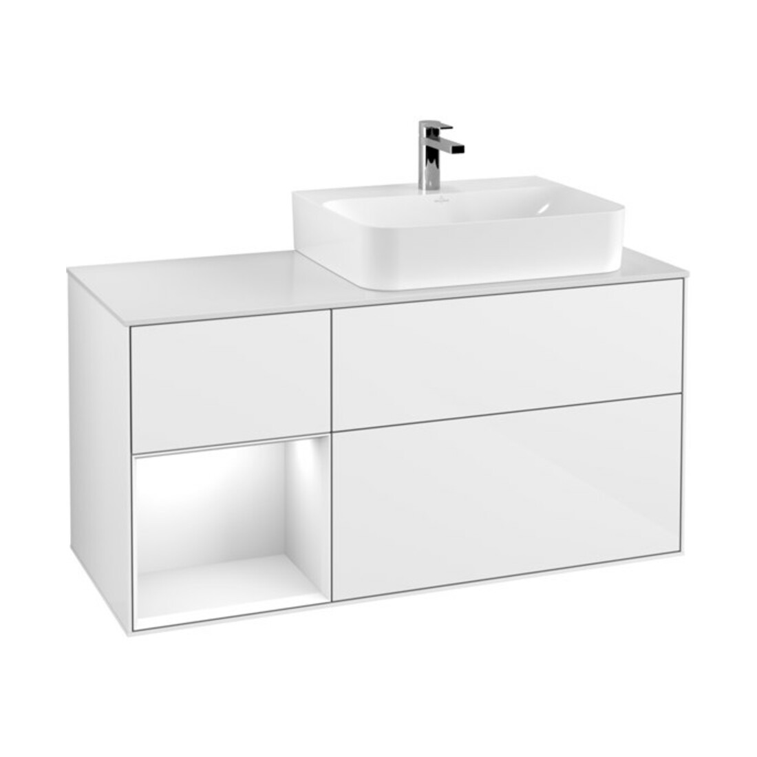 V&B Finion Meuble sous lavabo 120 cm, éclairage mural, blanc laqué brillant