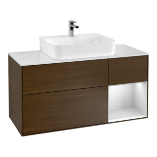 V&B Finion Meuble sous lavabo 120 cm, éclairage mural, blanc laqué, noyer veneer
