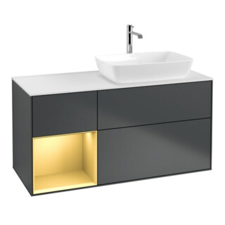 V&B Finion Meuble sous lavabo 120 cm, éclairage mural, blanc mat, gris mat laqué, poignée bleue laquée