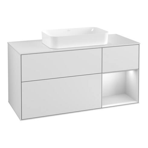 V&B Finion Meuble sous lavabo 120 cm, éclairage mural, blanc mat, laqué blanc