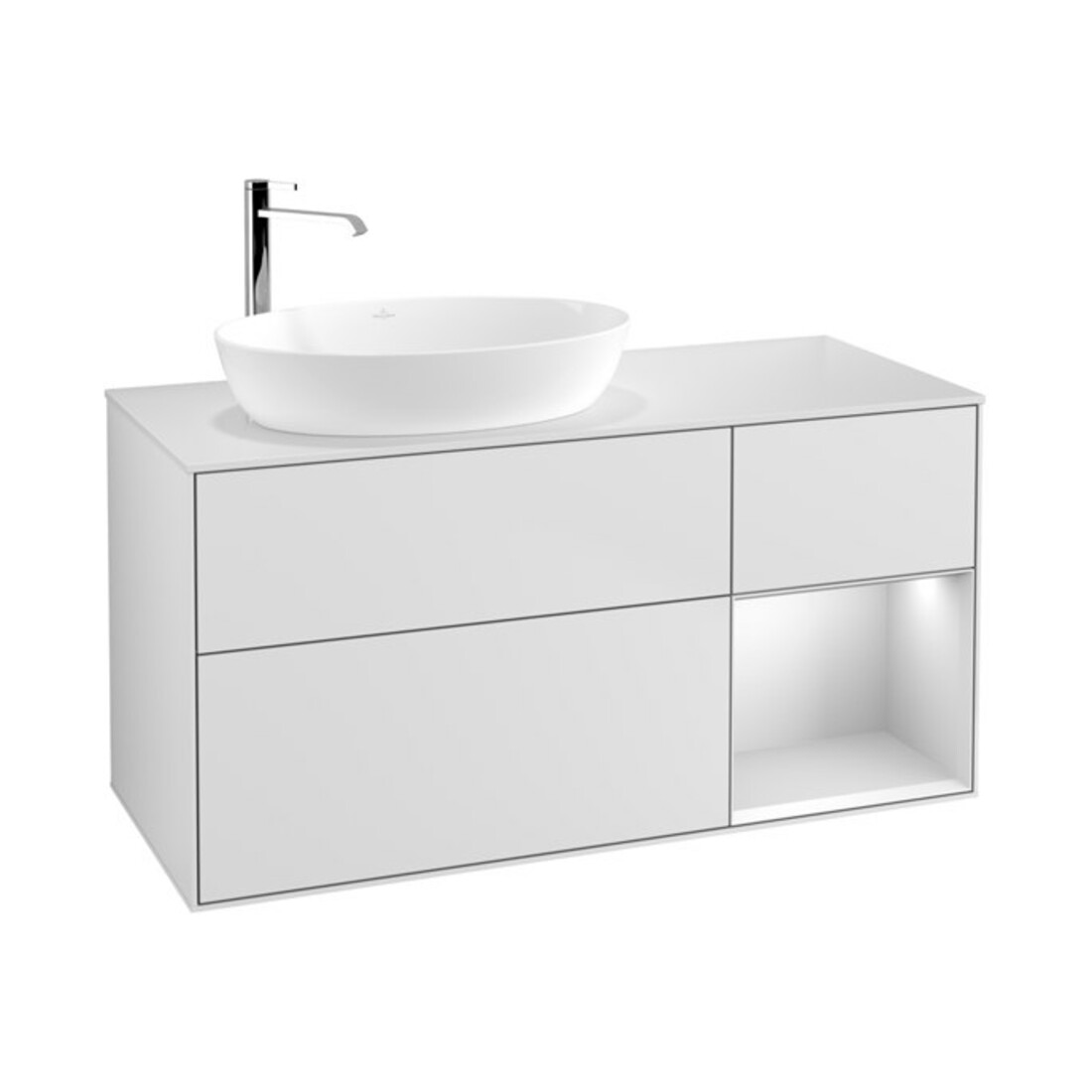 V&B Finion Meuble sous lavabo 120 cm, éclairage mural, blanc mat, laqué blanc