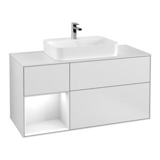 V&B Finion Meuble sous lavabo 120 cm, éclairage mural, blanc mat laqué, blanc brillant avec laqué