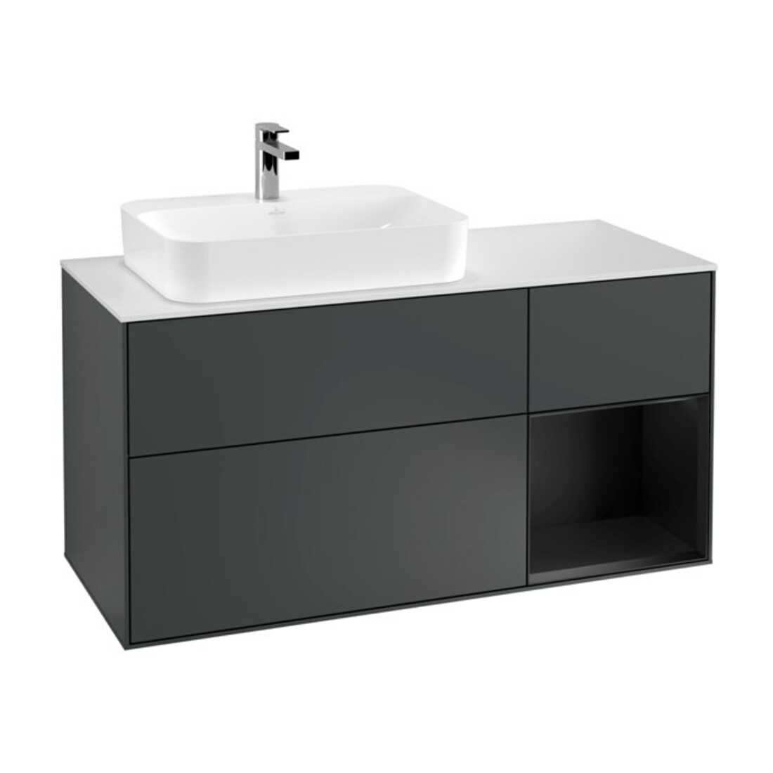 V&B Finion Meuble sous lavabo 120 cm, éclairage mural, blanc mat, laqué bleu mat