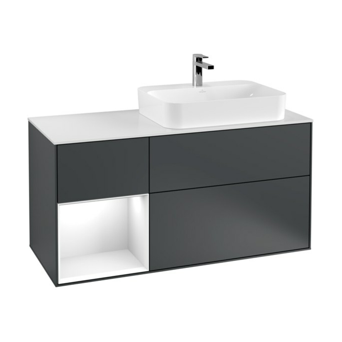 V&B Finion Meuble sous lavabo 120 cm, éclairage mural, blanc mat, laqué, bleu moyen