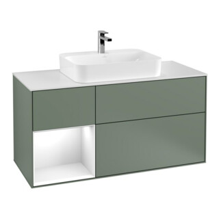 V&B Finion Meuble sous lavabo 120 cm, éclairage mural, blanc mat, laqué gris clair, laqué huileux