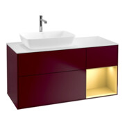V&B Finion Meuble sous lavabo 120 cm, éclairage mural, blanc mat, poignée or mat, miroir m