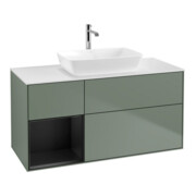 V&B Finion Meuble sous lavabo 120 cm, éclairage mural, blanc mat, rangement bleu mat laqué, olivier mat laqué