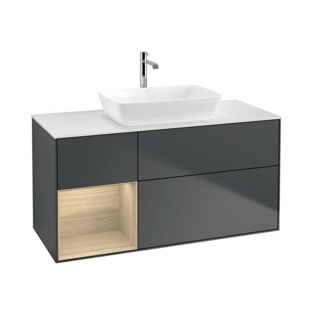 V&B Finion Meuble sous lavabo 120 cm, éclairage mural, blanc mat, rég. Oa ven, méd. bleu mat Lac