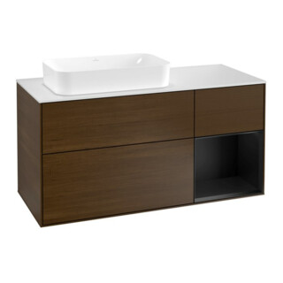V&B Finion Meuble sous lavabo 120 cm, éclairage mural, blanc mat, réglette bleue, noyer veneer