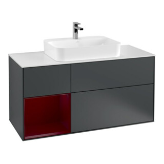 V&B Finion Meuble sous lavabo 120 cm, éclairage mural, blanc mat, réglette gauche, miroir avec éclairage lacqué