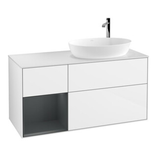 V&B Finion Meuble sous lavabo 120 cm, éclairage mural, laqué blanc brillant