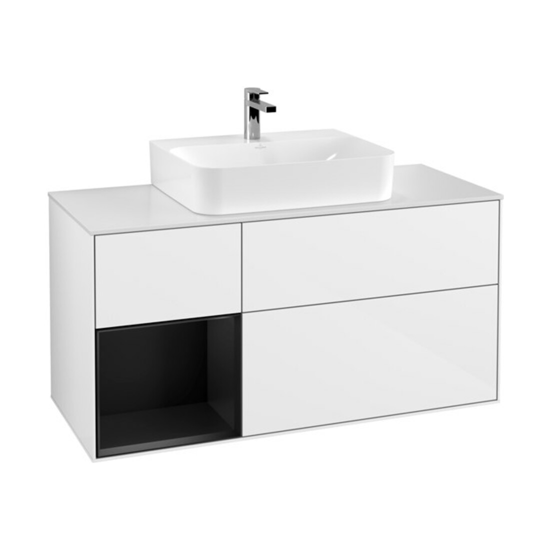 V&B Finion Meuble sous lavabo 120 cm, éclairage mural, laqué blanc brillant