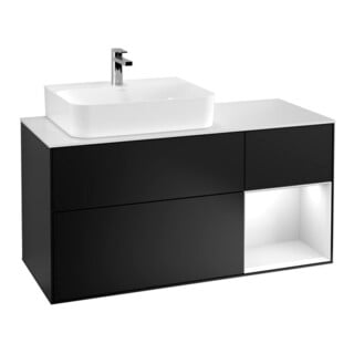V&B Finion Meuble sous lavabo 120 cm, éclairage mural, laqué blanc, laqué bleu