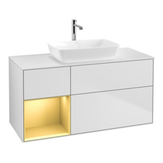 V&B Finion Meuble sous lavabo 120 cm, éclairage mural, laqué blanc, laqué or régulier