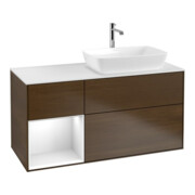 V&B Finion Meuble sous lavabo 120 cm, éclairage mural, laqué blanc, noyer veinée
