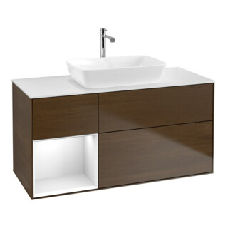 V&B Finion Meuble sous lavabo 120 cm, éclairage mural, laqué blanc, placage noyer veneer