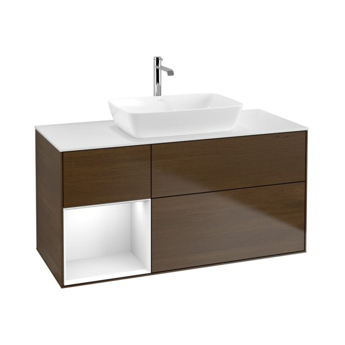 V&B Finion Meuble sous lavabo 120 cm, éclairage mural, laqué blanc, placage noyer veneer