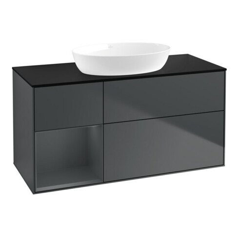 V&B Finion Meuble sous lavabo 120 cm, éclairage mural, laqué brillant blanc et rouge