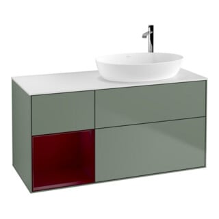 V&B Finion Meuble sous lavabo 120 cm, éclairage mural, laque brillante blanche, laque mate olive