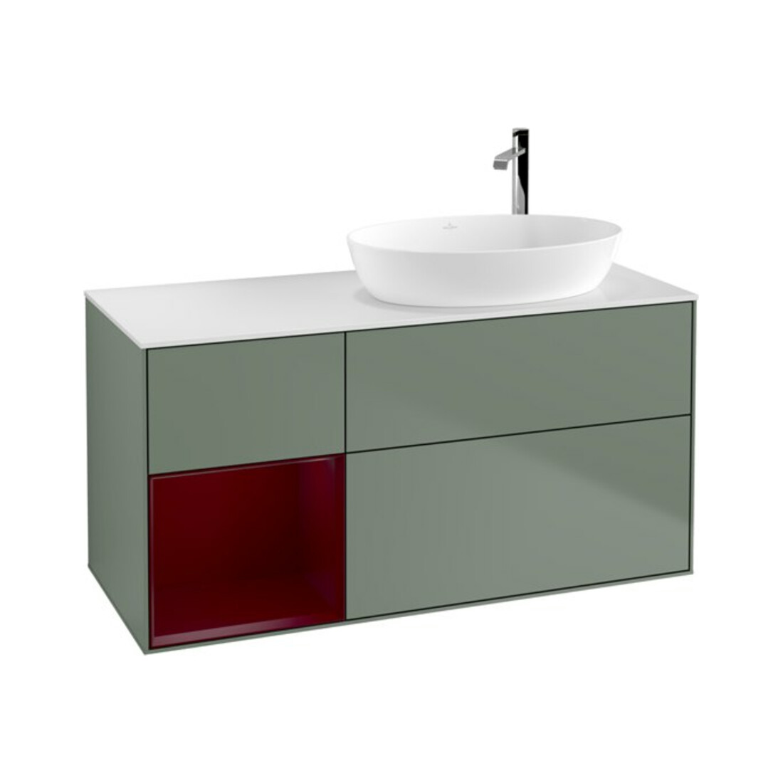 V&B Finion Meuble sous lavabo 120 cm, éclairage mural, laque brillante blanche, laque mate olive