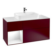 V&B Finion Meuble sous lavabo 120 cm, éclairage mural, placage blanc mat, réglette gauche, blanc brillant, laqué, poignée métal