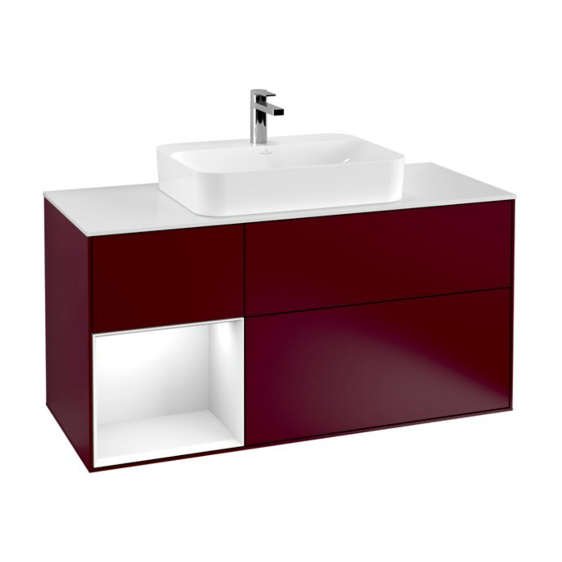 V&B Finion Meuble sous lavabo 120 cm, éclairage mural, placage blanc mat, réglette gauche, blanc brillant, laqué, poignée métal
