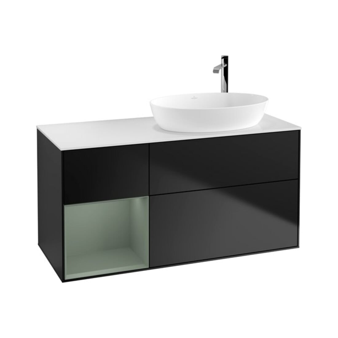 V&B Finion Meuble sous lavabo 120 cm, éclairage mural, placage blanc mat, réglette olivier mat laqué, bleu mat laqué