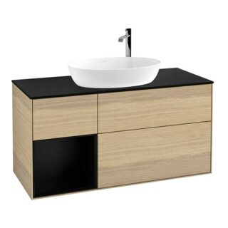 V&B Finion Meuble sous lavabo 120 cm, éclairage mural, placage bleu mat, étagère bleu mat, Oa ven