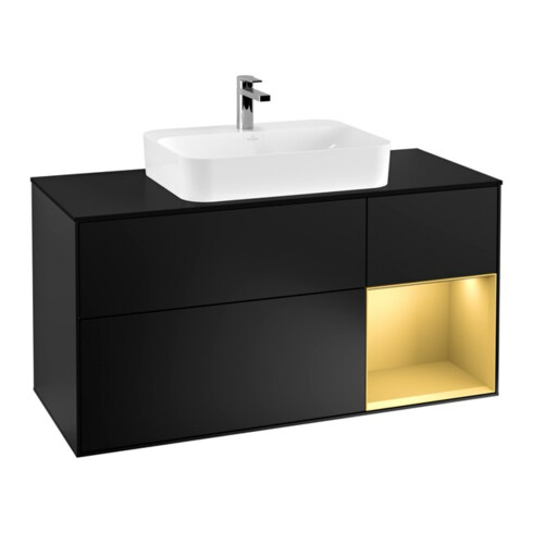 V&B Finion Meuble sous lavabo 120 cm, éclairage mural, placage bleu, rangement réglable, laqué bleu