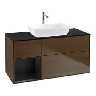 V&B Finion Meuble sous lavabo 120 cm, éclairage mural, placage bleu, tiroirs bleu, noyer veneer