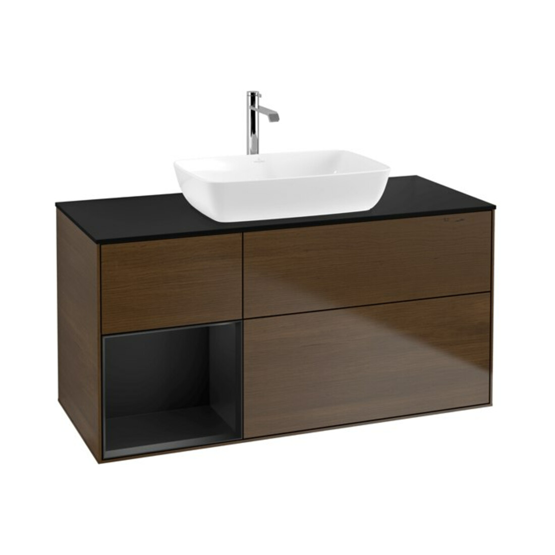 V&B Finion Meuble sous lavabo 120 cm, éclairage mural, placage bleu, tiroirs bleu, noyer veneer