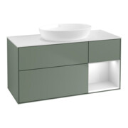 V&B Finion Meuble sous lavabo 120 cm, éclairage mural, placage bois blanc mat, laque brillante, olivier mat laqué