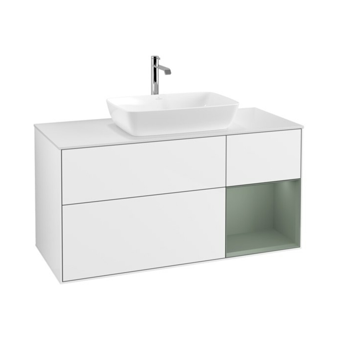 V&B Finion Meuble sous-lavabo 120 cm, éclairage mural, placage bois, laqué blanc brillant