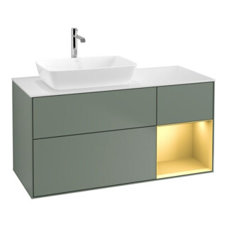 V&B Finion Meuble sous lavabo 120 cm, éclairage mural, placage bois, laqué or, huile, laqué