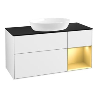 V&B Finion Meuble sous-lavabo 120 cm, éclairage mural, placage bois, laque or mat, laque blanc brillant