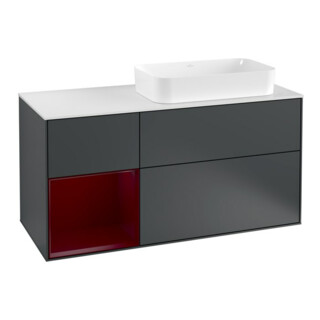 V&B Finion Meuble sous lavabo 120 cm, éclairage mural, placage bois, tiroir gauche, bleu mat laqué