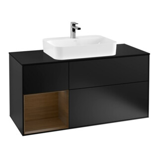V&B Finion Meuble sous lavabo 120 cm, éclairage mural, placage bois, tiroir gauche, bleu mat laqué