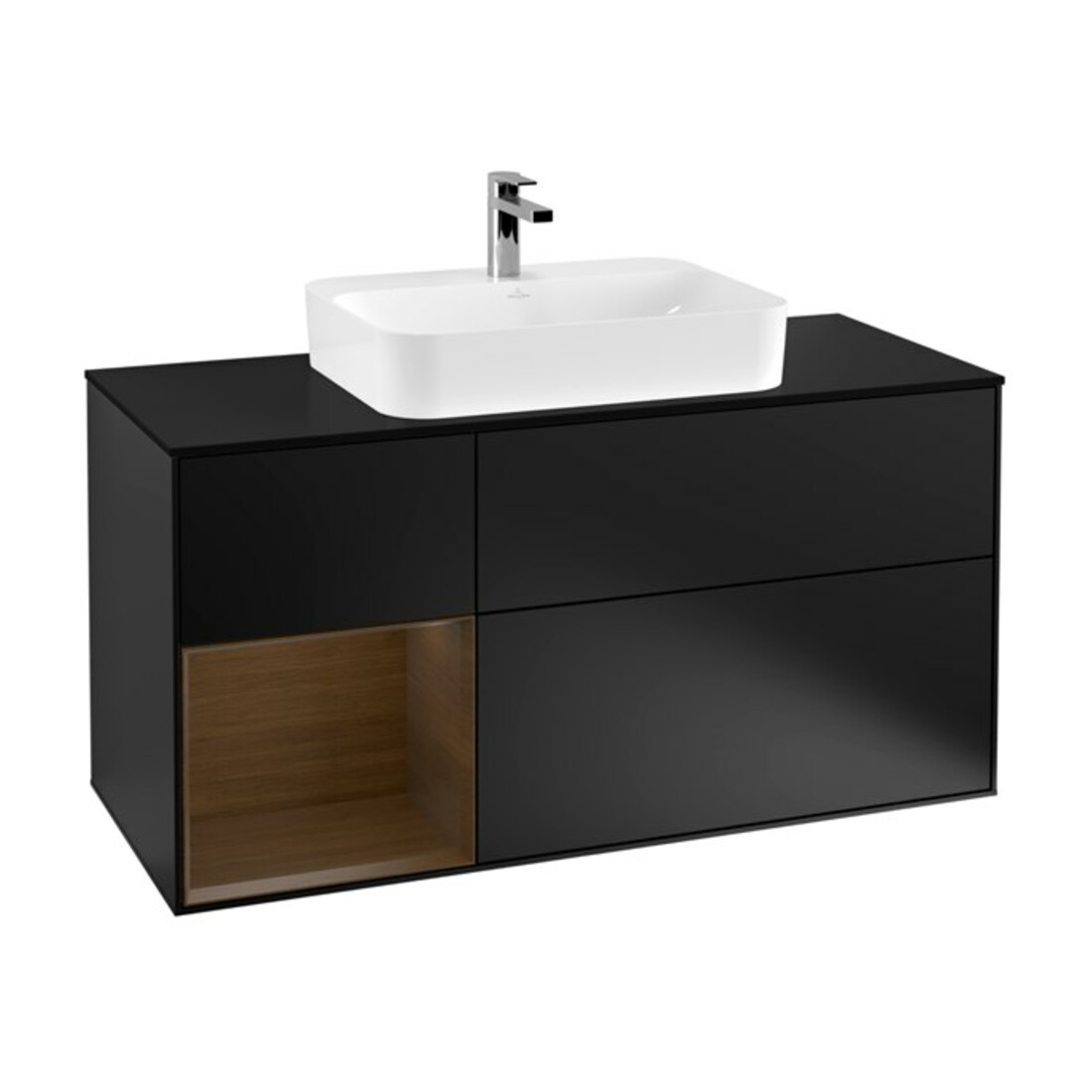 V&B Finion Meuble sous lavabo 120 cm, éclairage mural, placage bois, tiroir gauche, bleu mat laqué