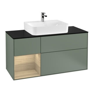 V&B Finion Meuble sous lavabo 120 cm, éclairage mural, placage bois, tiroir gauche, finition huile et laque