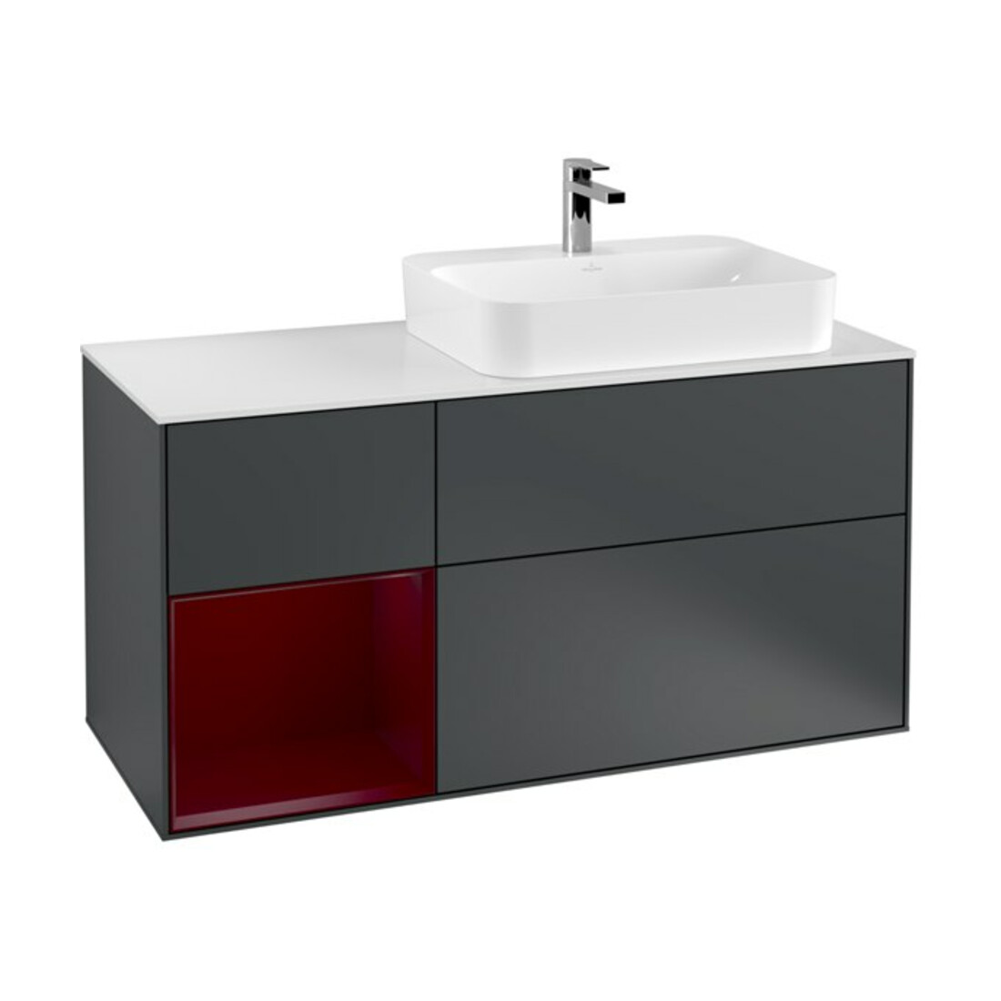 V&B Finion Meuble sous lavabo 120 cm, éclairage mural, placage bois, tiroir gauche, miroir avec éclairage LED