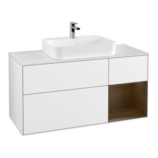 V&B Finion Meuble sous lavabo 120 cm, éclairage mural, placage noyer, blanc brillant