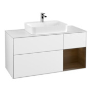 V&B Finion Meuble sous lavabo 120 cm, éclairage mural, placage noyer, blanc brillant