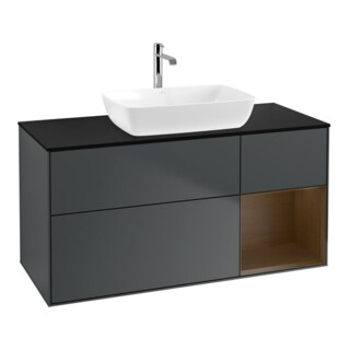 V&B Finion Meuble sous lavabo 120 cm, éclairage mural, placage noyer, bleu mat avec laque