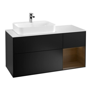 V&B Finion Meuble sous lavabo 120 cm, éclairage mural, placage noyer, bleu mat laqué