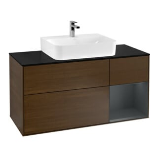 V&B Finion Meuble sous lavabo 120 cm, éclairage mural, placage noyer, laqué blanc mat