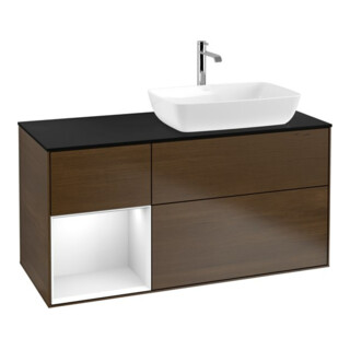 V&B Finion Meuble sous lavabo 120 cm, Pl b m, Éclairage mural, blanc brillant, placage noyer