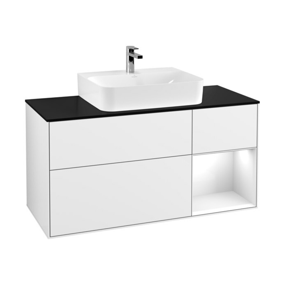 V&B Finion Meuble sous lavabo 120 cm, Pl b m, Rg r g w Lac, éclairage mural, blanc brillant Lac